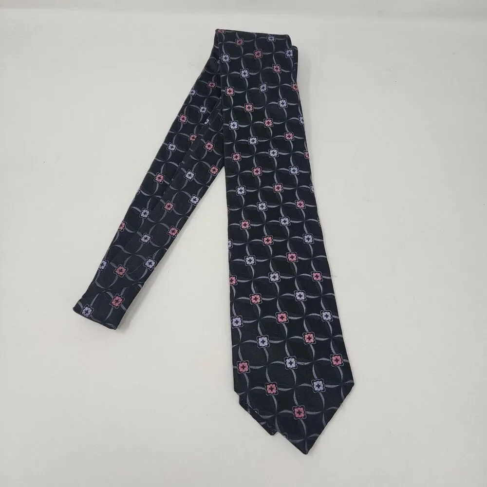 John W. Nordstrom Tie Mens One Size Black Silk Geometric Floral Made In USA